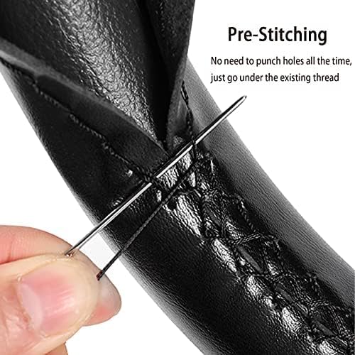 Genuine Leather Steering Wheel Cover, Stitch On Wrap, 15 Inch Steering Wheel Wrap for Car Truck SUV Pickup Boat, DIY Sewing with Needle Thread, Black