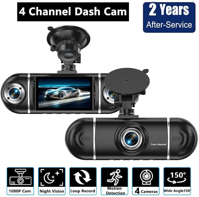 4 Channel Dash Cam Front and Rear Left Right, 360° View 1080P Car Dash Camera, Super Night Vision, G-Sensor,170° Wide Angle, Loop Recording, 24H Parking Monitor, WiFi & APP Control, 64GB SD Card