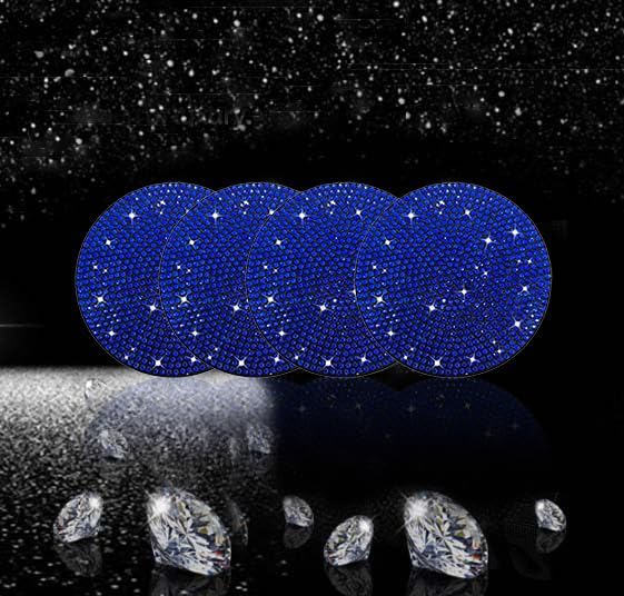 4pcs Bling Car Cup Holder Coaster, 2.75 inch Anti-Slip Shockproof Universal Fashion Car Coasters Insert Bling Crystal Rhinestone Automotive Interior Accessories for Women (Blue)