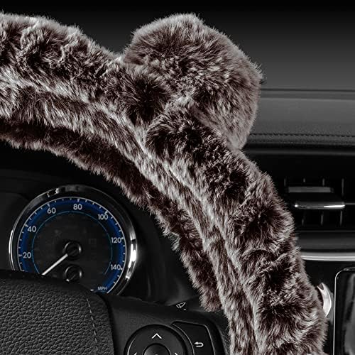 Bear Fur Steering Wheel Cover, Plush Faux Fur Fuzzy Steering Cover for Car Truck Van SUV, Standard Size Fits Wheels 14.5-15 in Diameter, Brown with Ears