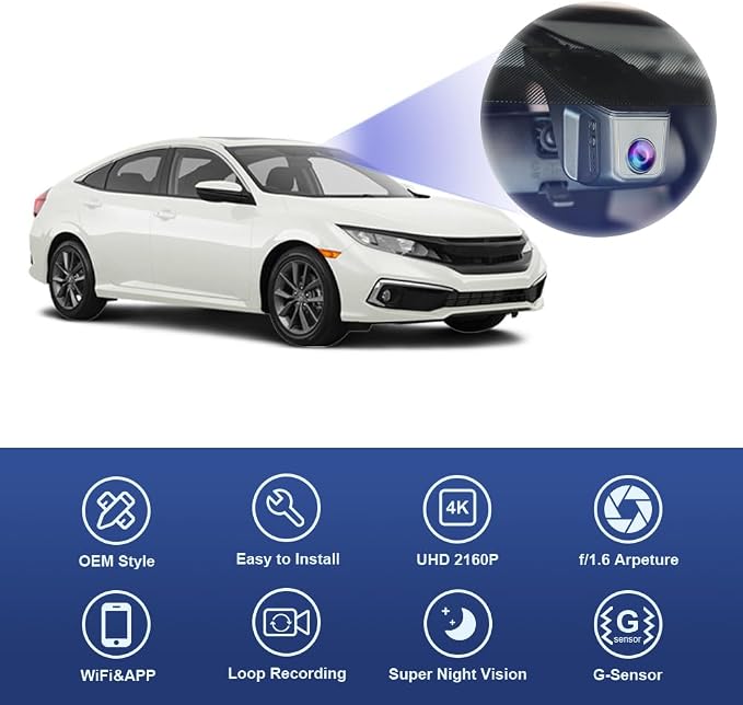 4K Dash Cam Suitable for Honda 2011-2024 Vehicle Models (Rectangle Dome Light), OEM Factory Style, 2160P UHD Video, Built-in WiFi & APP, Loop Recording, G-Sensor, Easy to Install, 64GB Card