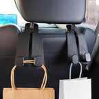 Headrest Hooks for Car, 2 Pack Twin Hook Leather Car Seat Headrest Hangers, Luxurious Heavy-Duty 100% Metal Purse & Bag Holder, Seat Back Storage Organizer for Travel, Black