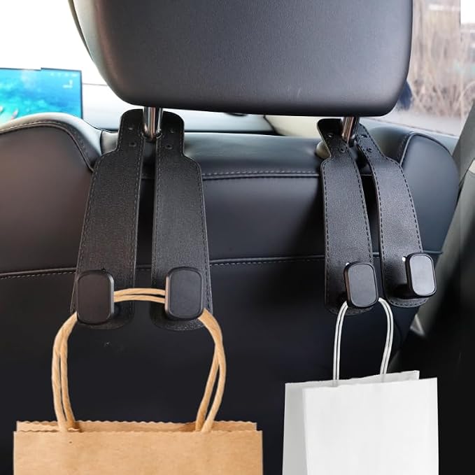 Headrest Hooks for Car, 2 Pack Twin Hook Leather Car Seat Headrest Hangers, Luxurious Heavy-Duty 100% Metal Purse & Bag Holder, Seat Back Storage Organizer for Travel, Black