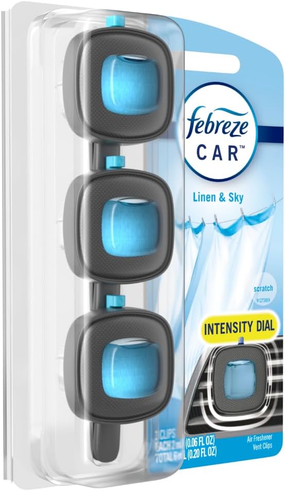 Car Air Freshener, Odor-Fighting Automotive Vent Clip, Linen & Sky Scent, 3 Count