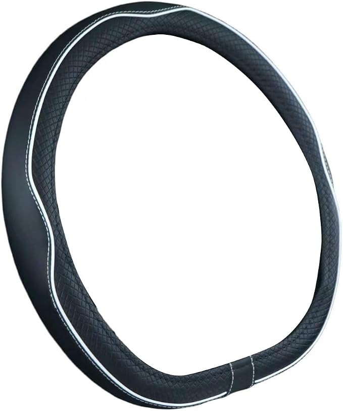 Flat Bottom Steering Wheel Cover Anti-Slip,Safety,Soft,Breathable,Durable,Full Surround,Comfortable Grip Microfiber Leather (D Shape, Black White)