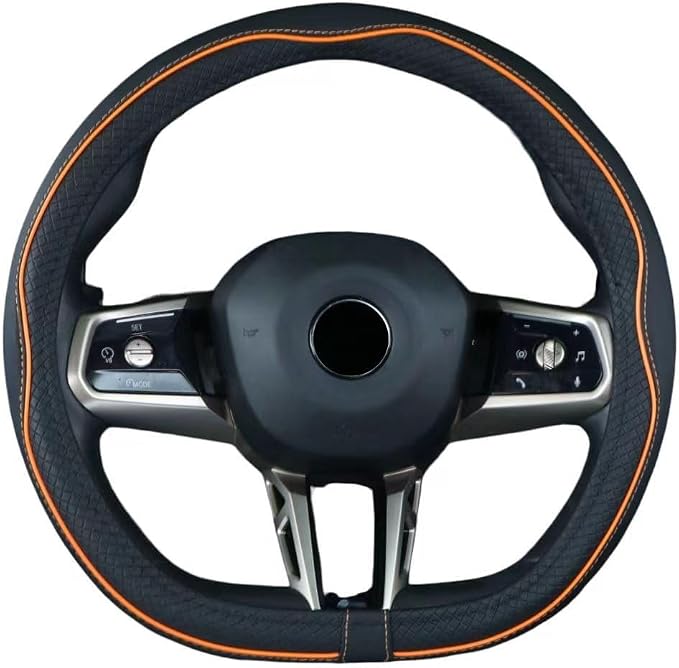 Flat Bottom Steering Wheel Cover Anti-Slip,Safety,Soft,Breathable,Durable,Full Surround,Comfortable Grip Microfiber Leather (D Shape, Black Orange)