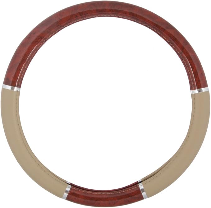 Dark Wood Grain Car Steering Wheel Cover, Standard 15 inch with Beige Faux Leather Grip, Made to Fit Most Auto Truck Van SUV