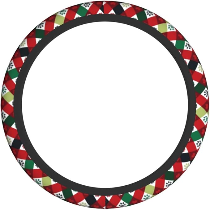 Christmas Red Plaid Dog Paw Prints Steering Wheel Cover Car Accessories Cute for Women Girls Girly Universal 15 Inch Neoprene Auto Interior Decor Anti Slip Car Truck Protector