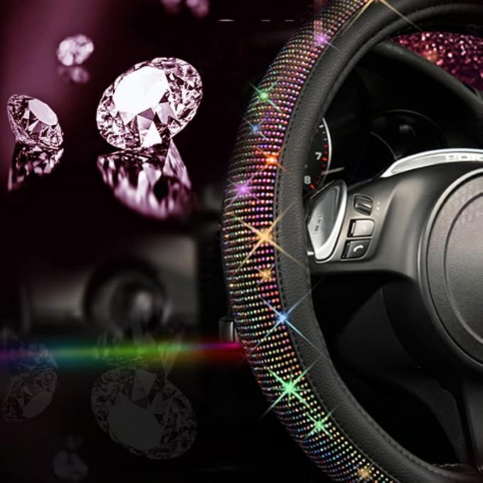 Diamond Leather Steering Wheel Cover, with Bling Crystal Rhinestones Fit Suvs,Vans,Sedans,Cars,Trucks Universal Fit 14.5-15inch Crystal Glitter for Women Sparkle Girl, Multicolor Diamond