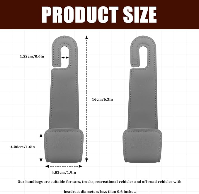 Car Seat Headrest Hooks, Purse Hook for Car, Automotive Headrest Handbags Holder, Auto Accessories Leather Seatback Organizer Hanger for Hanging Purses Bags Coats (Gray, 1PCS)