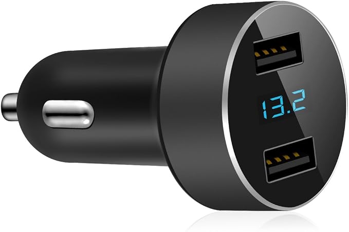 2 USB Car Charger,12V/24V Voltage Meter, Black | Cigarette Lighter USB Adapter with LED Voltage Meter, 12V/24V Car Charger compatible for iPhone, Samsung, iPad, GPS, Dash Cam