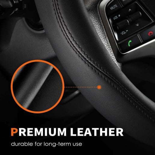 Car Steering Wheel Cover - Universal Car Accessory for Diverse Cars, Leather Cover with Anti-Slip Lining, for Steering Wheel with a Diameter of 14.5"-15",Black