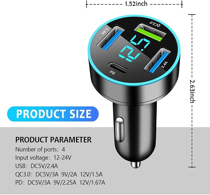 4 Ports Fast Car Charger,[Upgrade Voltmeter Display] PD+QC3.0 Car Charger Adapter for 12-24V Cigarette Lighter Plug,Phone Charger Compatible with iPhone/Android/Samsung/iPad(QC3.0+PD+2.4A+2.4A)