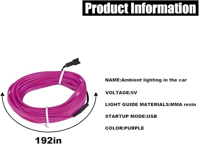 EL Wire Interior Car LED Strip Lights, USB Car Neon Light Strip with Sewing Edge, 16FT Neon Light 5V with Fuse Protection, Electroluminescent Car Indoor Decorations (Purple)