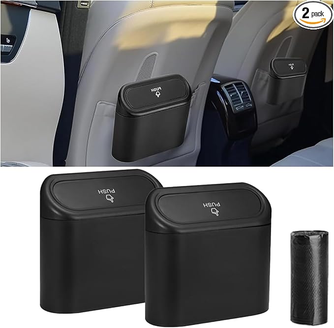 Mini Car Trash Can with Lid, Small Automotive Dustbin Garbage Container, Waterproof and Leak Resistant Car Storage Box with a roll of Plastic Trash Bags, Car Accessories Trash Bin for Vehicle, Home