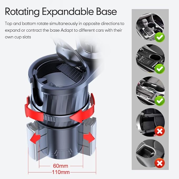 4 in 1 Upgrade Cup Holder Expander, Multifunctional Cup Holder for Car with Lock, 360° Rotating Cupholder Expander with Ashtrays & Adjustable Base, Expandable Cup Holder for Large Bottles Drinks Mugs