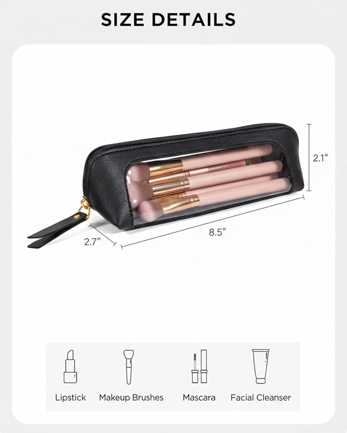 Small Clear Makeup Bag, PU Leather Travel Makeup Brush Case Portable Transparent Waterproof Cosmetic Organizer Pouch with Zipper for Women Home Travel Office Cosmetic Storage (Chic Black)
