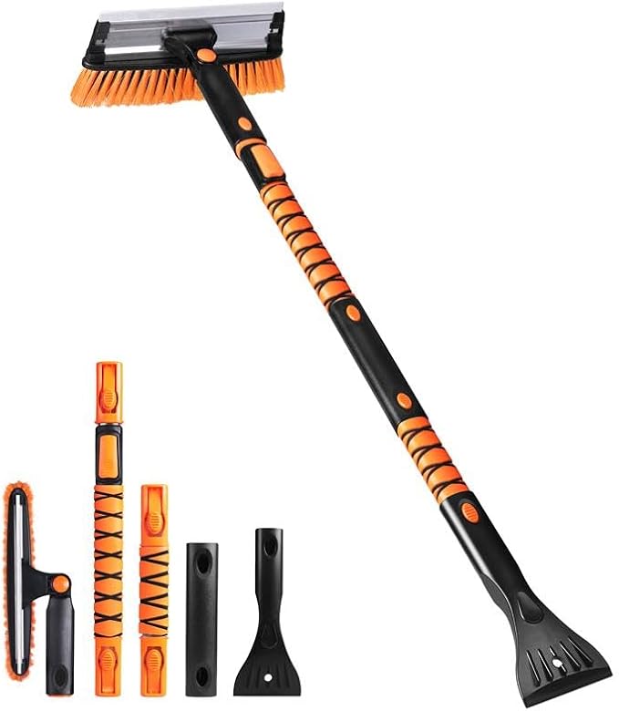 49" Extendable Squeegee Snow Brush and Ice Scraper for Car Windshield & Windows | 270° Telescopic Snow Broom with Pivoting Squeegee | Heavy Duty Car Snow Removal Tool for SUV, Truck & Car