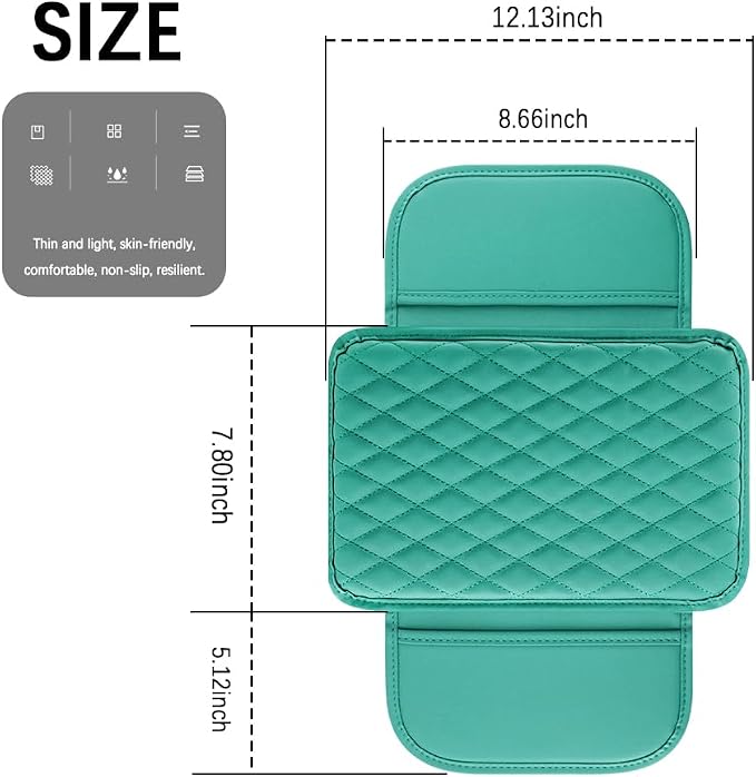 carleef Thin Arm Rest Cover for Car,Leather+Memory Foam Center Console Cover with Storage Bags,Universal Middle Console Cover Car Accessories Interior for Most Cars Center Consoles (Green)