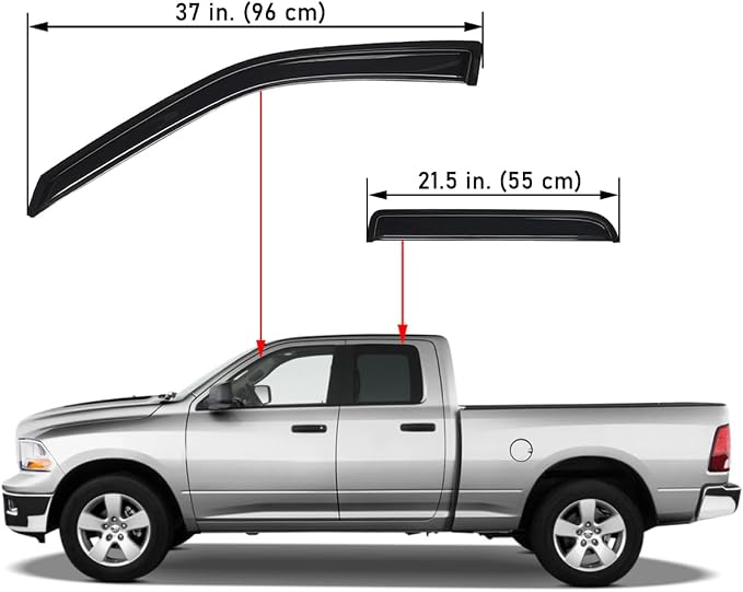 94101 Extra Durable Outside-Mount Auto Vent Window Visors, Fits 2009-2010 Dodge Ram 1500, 2011-2018 Ram 1500, 2019-2024 Ram 1500 Classic, Quad Cab, Original Wind Deflector, Smoke, 4-Pcs