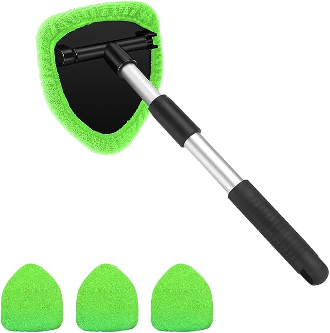 Car Windshield Cleaner Tool, Vehicle Window Detailing Cleaning Kit with Extendable Handle & 4 Washable Microfiber Pad, Auto Glass Wiper Cleaner for Exterior & Interior, Universal Fit (Green)