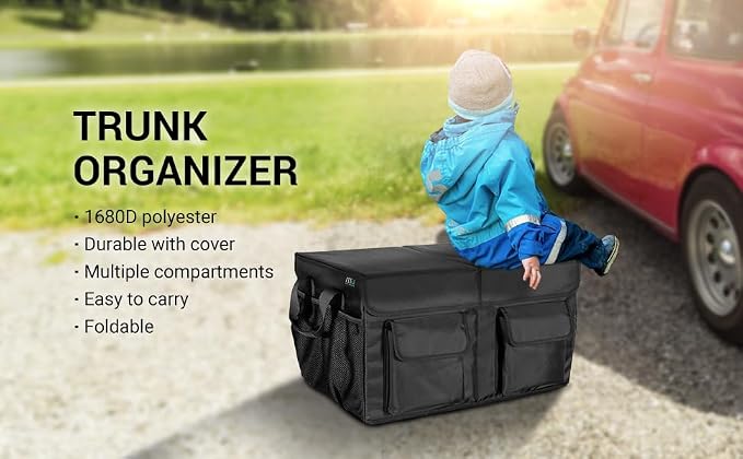 Car Trunk Organizer with Lid, Collapsible Car Storage Organizer with Reinforced Leather Handles, Non-Slip Bottom, Trunk Organizer for SUV, Van, Jeep (Black with Strap, Extra Large)