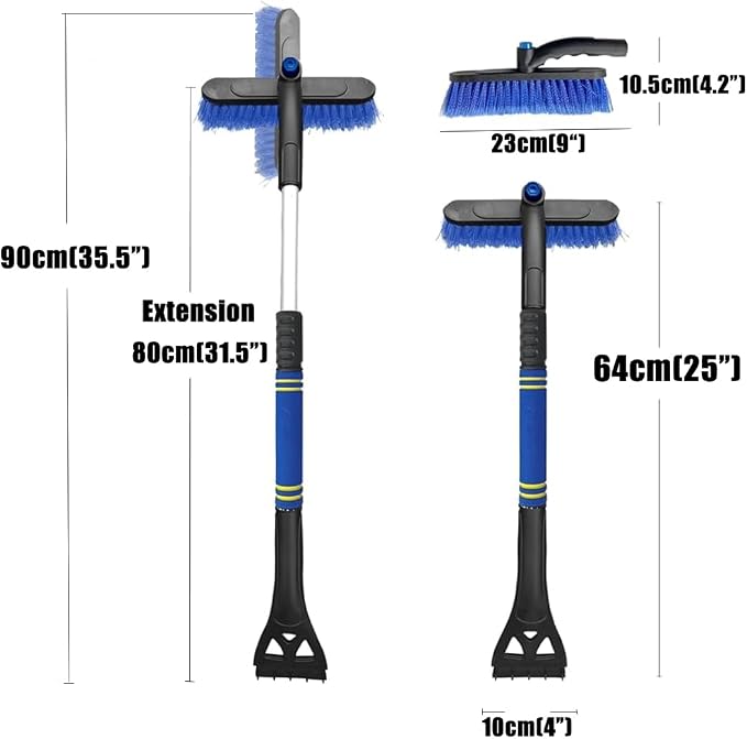 Extendable Snow Brush & Ice Scraper for Car Windshield – 25" to 31.5" Telescoping Handle, Scratch-Free Bristles, Foam Grip, for Cars, Trucks & SUVs (Blue)