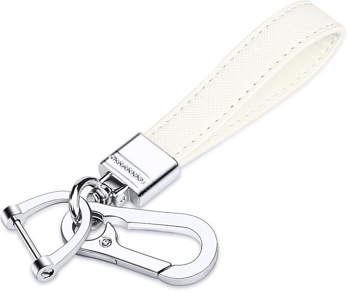 Genuine Leather Car Keychain,Universal Heavy Duty Metal Key Chain Accessories,Car Fob Key Keychain Holder with 360 Degree Rotatable Snap Swivel and Anti-Lost D-Ring for Men Women(White)