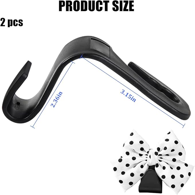 2PCS Car Seat Headrest Hook, Cute Bow Backseat Hanger Holder for Purse Bag Handbag Coat, Auto Interior Seat Back Grocery Storage Organizer Hook, Universal for Vehicles (White Polka Dots)
