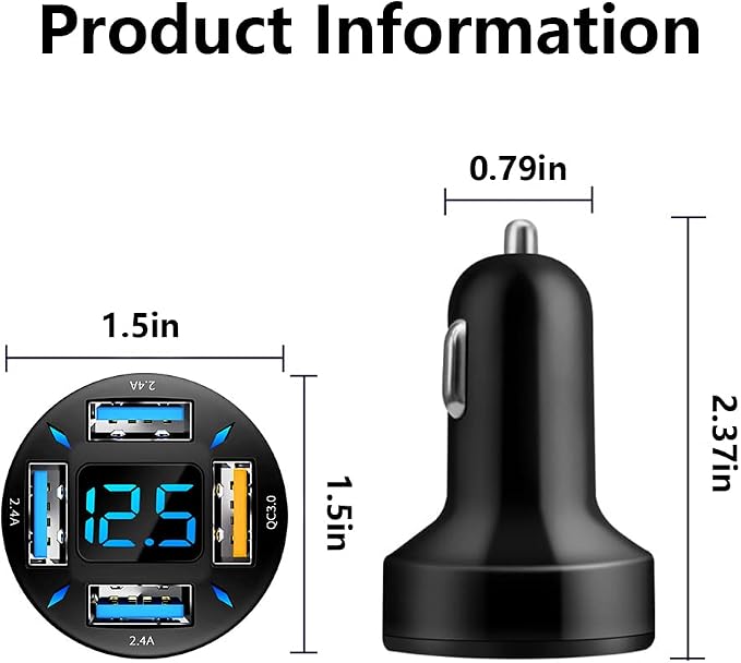 Car Charger 66W Super Fast Charging with USB 2.4A&QC 3.0(Voltmeter&LED Lights) Universal Quick Charge for 12-24V Car Cigarette Lighter Plug,Compatible with iPhone 14 13 12,S22 (2Pcs-Black-QC/2.4A)