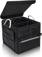 Small Trunk Organizer With Lid, For SUV Car Truck, Black 28L, Foldable Waterproof Oxford Fabric, 2-Compartments With Aluminium Alloy Handle