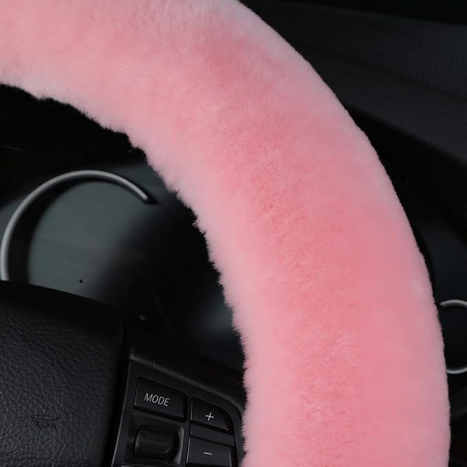 Natural Fur Wool Sheepskin car Steering Wheel Cover,Protector for Universal Steering Wheel 15 Inchs, Anti-Slip,Comforting and Luxurious, Soft Texture, Gift for Women (Korean Pink)