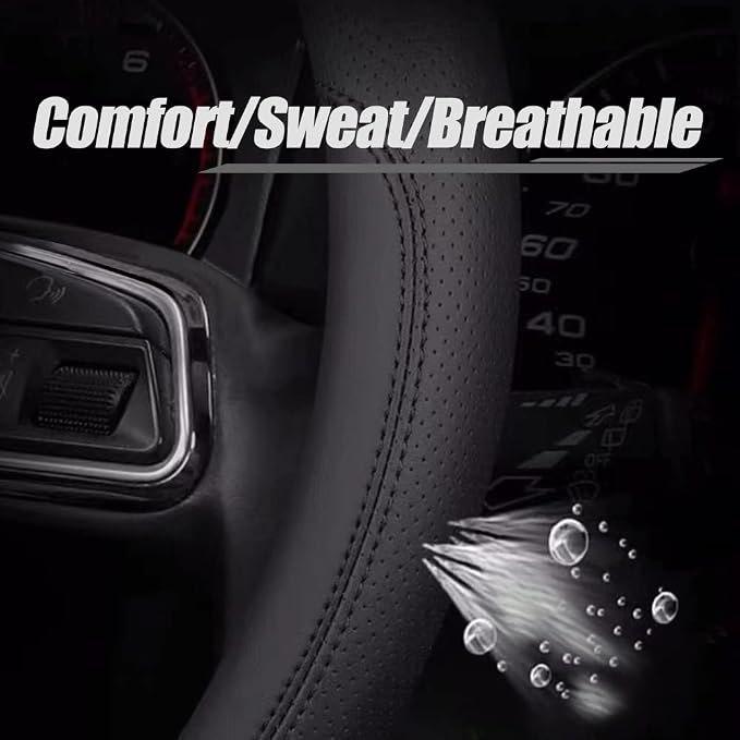 Latest Nappa Leather car Steering Wheel Cover, Stylish Non-Slip Leather car Interior 15 inches Universal（Black）