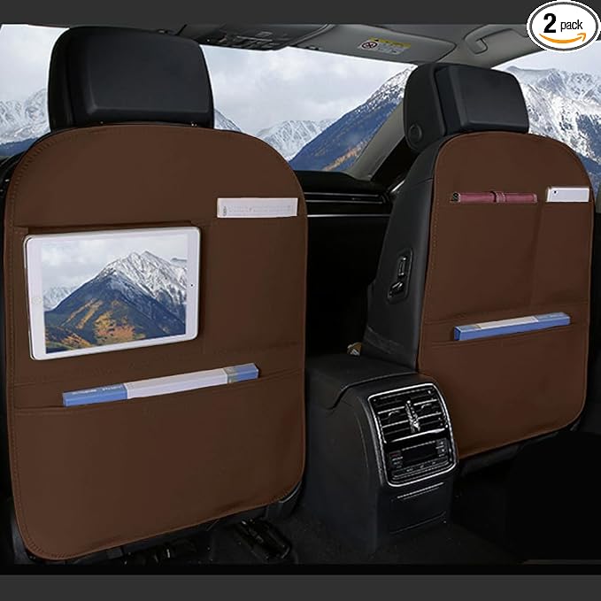 SUTSU Kick Mat Back Seat Protector， Waterproof Leather Car Seat Back Organizers Cover with 3 Storage Pockets for Kids Pets SUV Sedan Minivan Truck Car Travel Accessories (Coffee 2-pack)