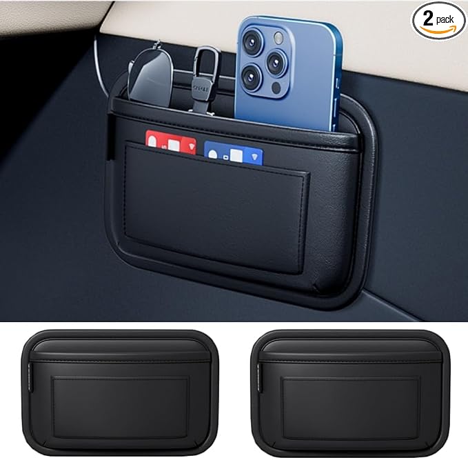 Car Storage Bag Leather Small Debris Organizer Hanging Cell Phone Mobile Paste Type Bag for Stowing Tidy Universal Accessories（BlackA-2pcs）