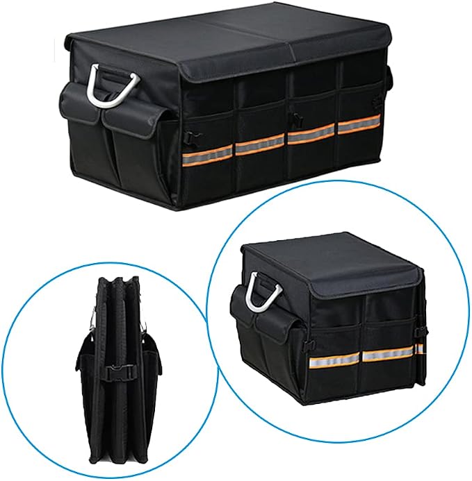Car Trunk Organizer - Collapsible Trunk Organizer & Lid Foldable Cover Aluminium Alloy Handle Reflective Strip for Auto, SUV, Truck, Minivan (L Black)