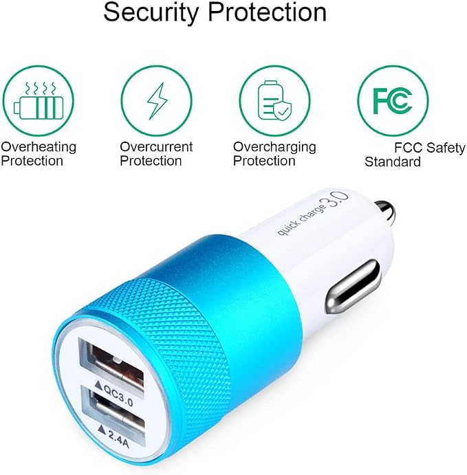 Fast Car Charger, Quick 5.4A/30W Dual USB, QC 3.0 & 2.4A, Compatible Samsung Galaxy S23 S22 S21 S20 S10 S9 S8 Note, iPhone, Blue, Minimalist Style
