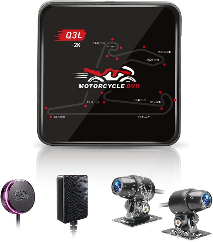 VSYSTO Dual 2K Motorcycle Dash Camera, 5G WiFi High Speed Video Download, Parking Monitoring, Starlight Night Vision Front and Rear Cameras, GPS, LED Light Wired Controller