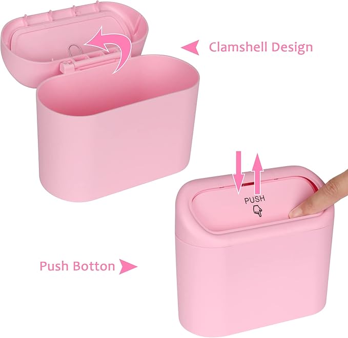 Car Trash Can with Lid, 2 Pack Pink Mini Vehicle Trash Bin Dustbin Garbage Organizer Holder with Trash Bag, Small Hanging Leakproof Auto Storage Bag Container for Car SUV Home Office