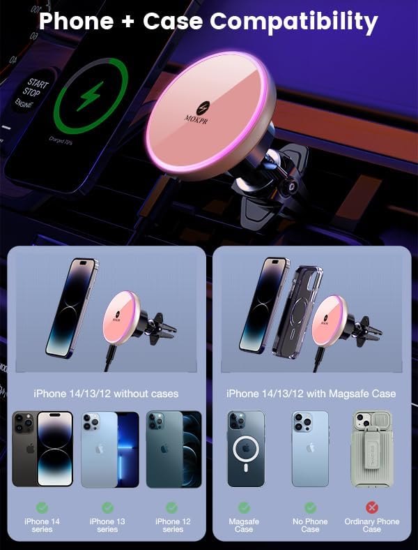 for Magnetic Car Mount Charger-15W Wireless Car Charger-Magnetic Car Phone Holder for Dash Air Vent-LED RGB HandsFree Car Mount Fast Car Charger for iPhone 16 15/14/13/12 Pink