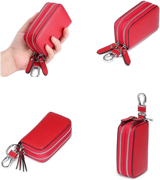 Car Key Fob Holder for Women, Genuine Leather Car Key Case Keychain Holder Metal Hook and Keyring Zipper, 2 Sides Pocket
