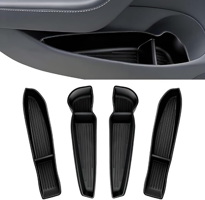 4 PCS Door Side Storage Box Compatible with 2025 2026 TES-la Model Y Juniper, [Durable & Sturdy] TPE Door Side Pocket Organizer Tray, Front & Rear Side Organizer Tray Protector Liner Black