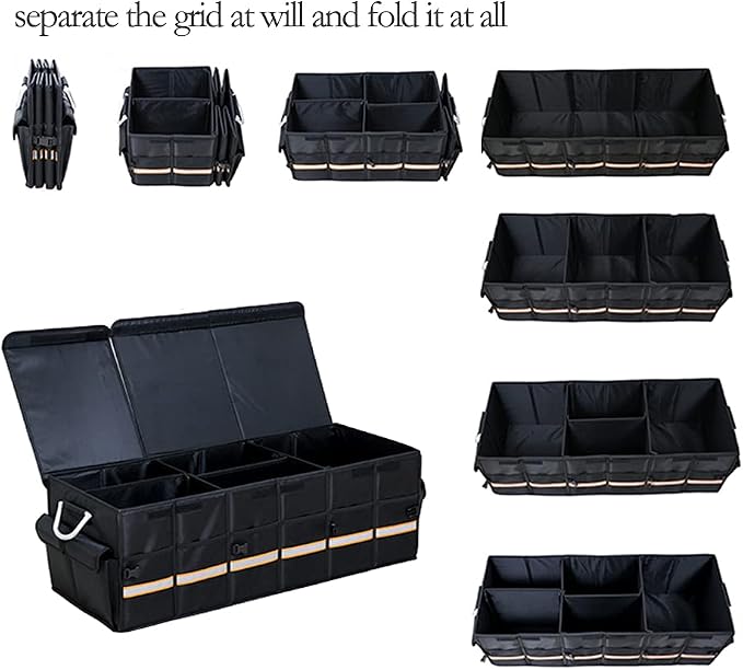 Car Trunk Organizer - Collapsible Trunk Organizer & Lid Foldable Cover Aluminium Alloy Handle Reflective Strip for Auto, SUV, Truck, Minivan (XL Black)