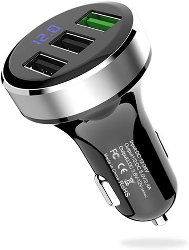 3 USB Car Charger,12V/24V Voltage Meter, Silver | QC3.0 Output 4.8A, Cigarette Lighter Plug Adapter Compatible with iPhone,iPad, Samsung, USB Charging Devices, Silver