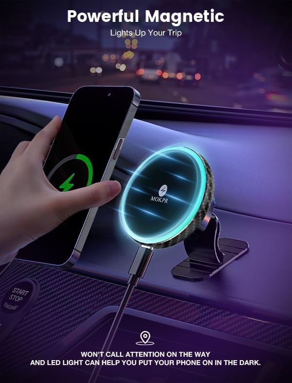 for Magnetic Car Mount Charger-15W Wireless Car Charger-Magnetic Car Phone Holder for Dash Air Vent-LED RGB HandsFree Car Mount Fast Car Charger for iPhone 14/13/12 Series Carbon Fiber