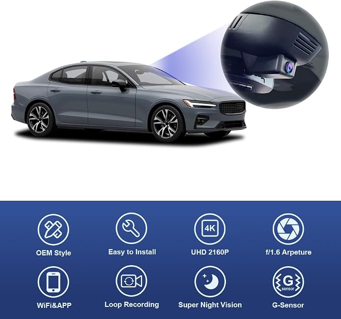 4K Dash Cam Suitable for Volvo S60 & V60 2023-2026 B5 T8 Plug-in Hybrid (Model B), OEM Factory Look, 2160P UHD Video, Built-in WiFi & APP, Loop Recording, G-Sensor, Plug & Play, 64GB Card