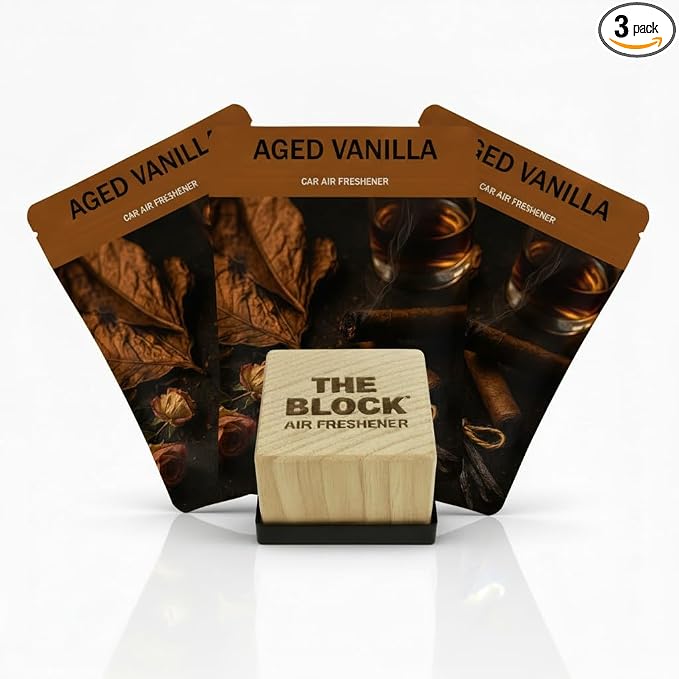 The Block - Wooden Car Air Freshener & Odor Eliminator - Long Lasting 30+ Day Scent - Car & Home Use - Fresh Gift Idea - Made in USA - Aged Vanilla 3-Pack