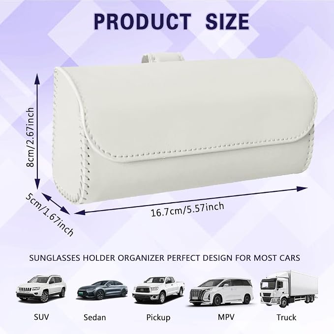Sunglasses Holder for Car Sun Visor, Sunglass Organizer for Car, Magnetic Leather Eyeglasses Protective Storage Case, Waterproof Glasses Organizer Visor Accessories for Vehicles (White)