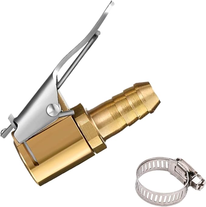 Tire Air Chuck Adapter with Clip,5/16" Brass American Type Thread Pump Nozzle，tire Inflator Lock on Air Chuck, Air Compressor Tire Chuck Hose End with Barb Connector for Hose Repair 1PC