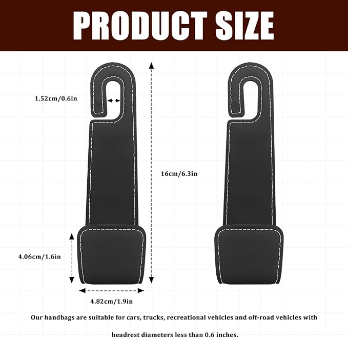 Car Seat Headrest Hooks, Purse Hook for Car, Automotive Headrest Handbags Holder, Auto Accessories Leather Seatback Organizer Hanger for Hanging Purses Bags Coats (Black, 1PCS)
